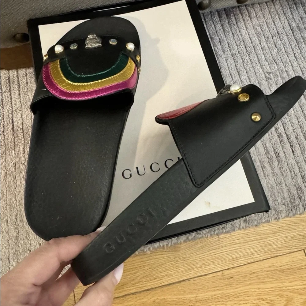 Gucci black Women's Slide Sandals with Red Heart & Rainbow Accent - Picture 4 of 6